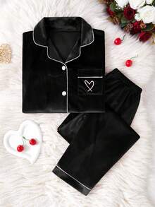 SHEIN 2 件套女童睡衣套装，黑色休闲韩版羊毛心形刺绣开衫长袖和裤子家居服 - 黑色 - 查看 5