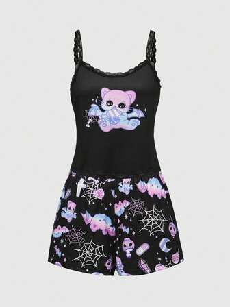 Kawaii Conjunto de pijama lindo y divertido con camiseta de encaje con estampado completo de murciélago, gato, cruz y calavera, y shorts