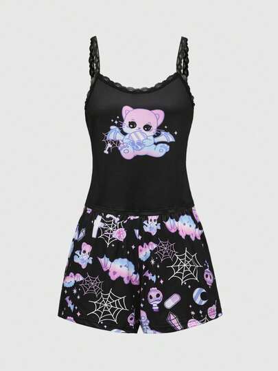 Kawaii Gothic Bat, Cat, Cross, Skull Crystal Full Print Lace Camisole & Shorts Cute Funny Pajama Set