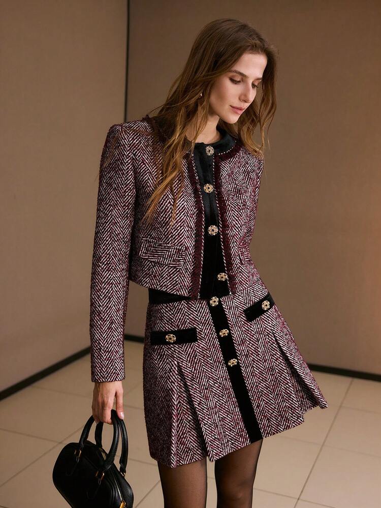 TWEED CONTRAST VELVET FOLD PLEATED SKIRT, FALL WINTER