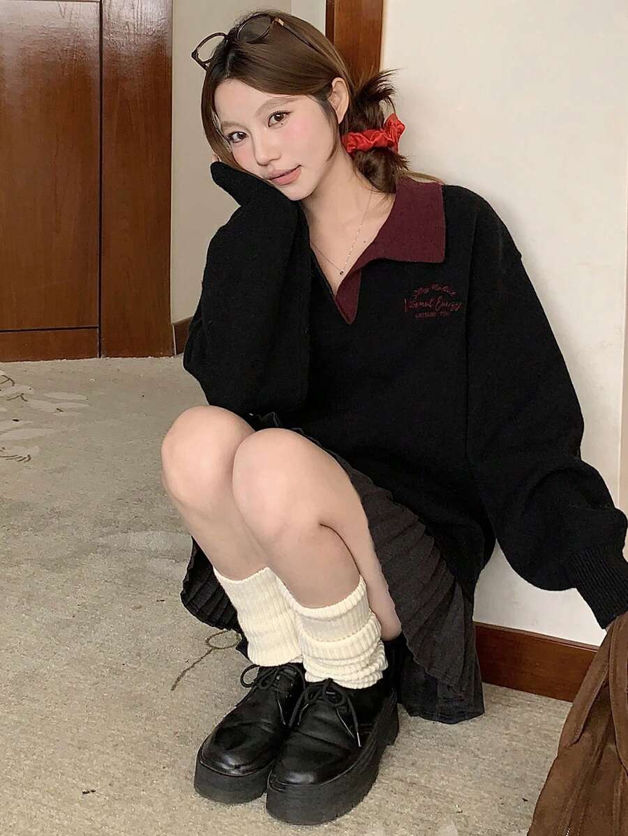 DAZY Suéter casual de estilo coreano con bloques de color para mujer, otoño/invierno - Negro - Ver 1