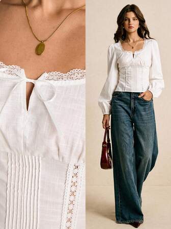 Poéselle Elegant blus med kontrasterande spets och rosettdekoration för kvinnor