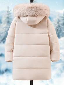 SHEIN 1pc Girls' Pink Hooded Padded Coat With Pockets And Sequin Design, Mid-Length, Suitable For Autumn/Winter - Apricot - View 2