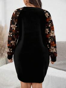 EMERY ROSE Vintage Maple Leaf Print Casual Minimalist Plus Size Women Raglan Sleeve Crew Neck Sweatshirt, Black Long Sweatshirt For Autumn/Winter Plus Size Casual Dress - Multicolor - View 2