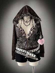 Áo sweatshirt nữ cỡ lớn Sunspun kiểu vintage punk/Y2K gợi cảm với họa tiết da báo, phối họa tiết thoi kim cương, viền gấu bằng nhung gân, khóa kéo, thích hợp cho mùa thu/đông. - Nhiều màu - Xem 1