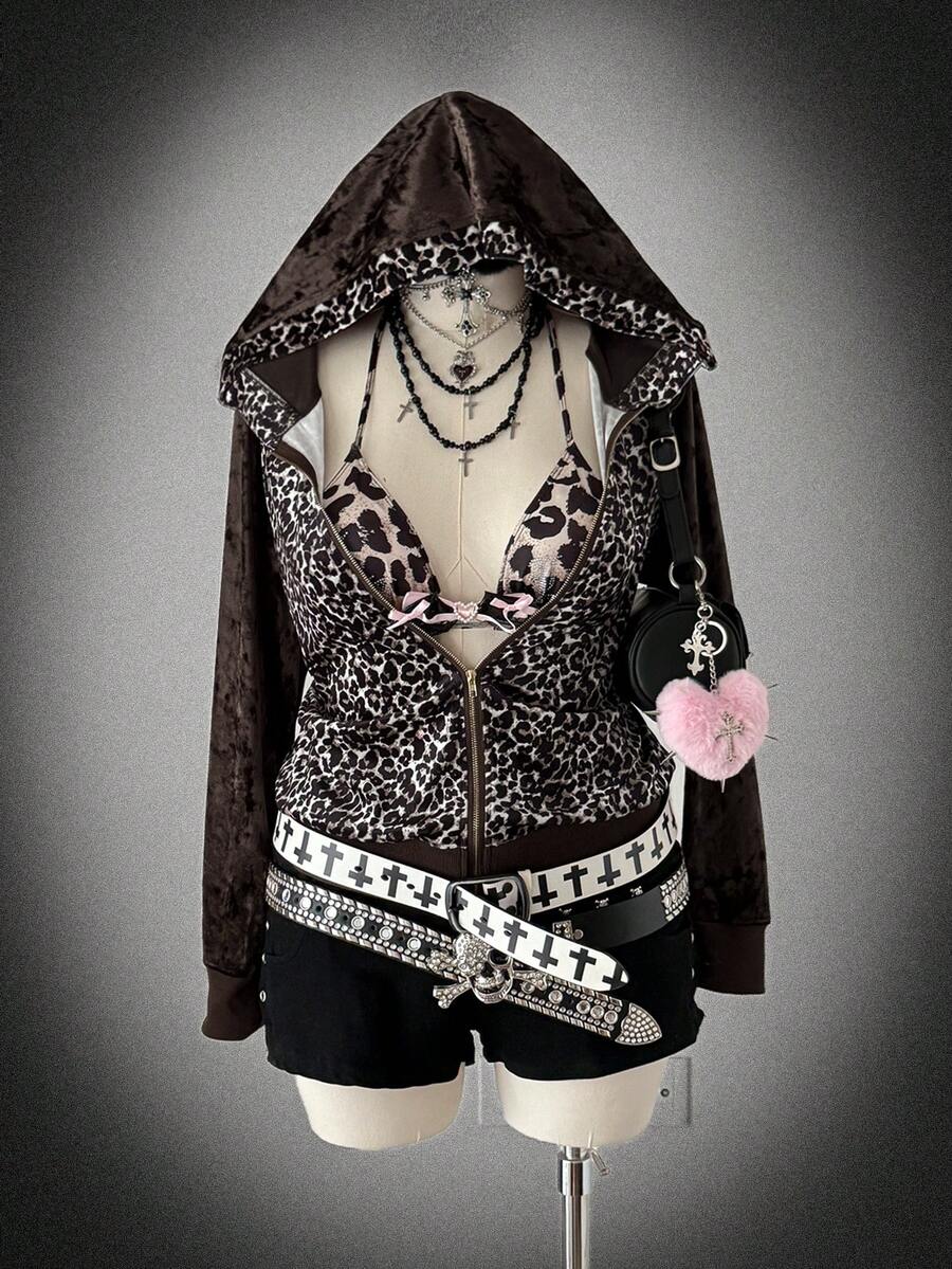 Áo sweatshirt nữ cỡ lớn Sunspun kiểu vintage punk/Y2K gợi cảm với họa tiết da báo, phối họa tiết thoi kim cương, viền gấu bằng nhung gân, khóa kéo, thích hợp cho mùa thu/đông. - Nhiều màu - Xem 1