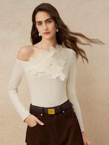 Cévolie 法式优雅花卉贴花露肩吊带背心 - 米色 - 查看 6