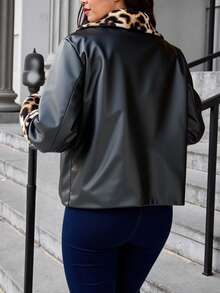 Calvaya Plus Size Leopard Print Fluffy Patchwork Thermal Lined PU Jacket Fall Winter Cloth For Women Autumn - Black - View 2