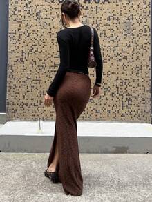 SHEIN Unity 棕色针织提花低腰直筒开衩侧裙，女款，秋冬，时尚简约，通勤、办公、旅行、度假百搭，外出约会穿着舒适 - 棕色 - 查看 2