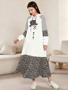 Modelyn Christmas Snowman Graphic & Leopard Print Sweatshirt Raglan Sleeve Maxi Dress For Women, Spring/Autumn - Multicolor - View 4