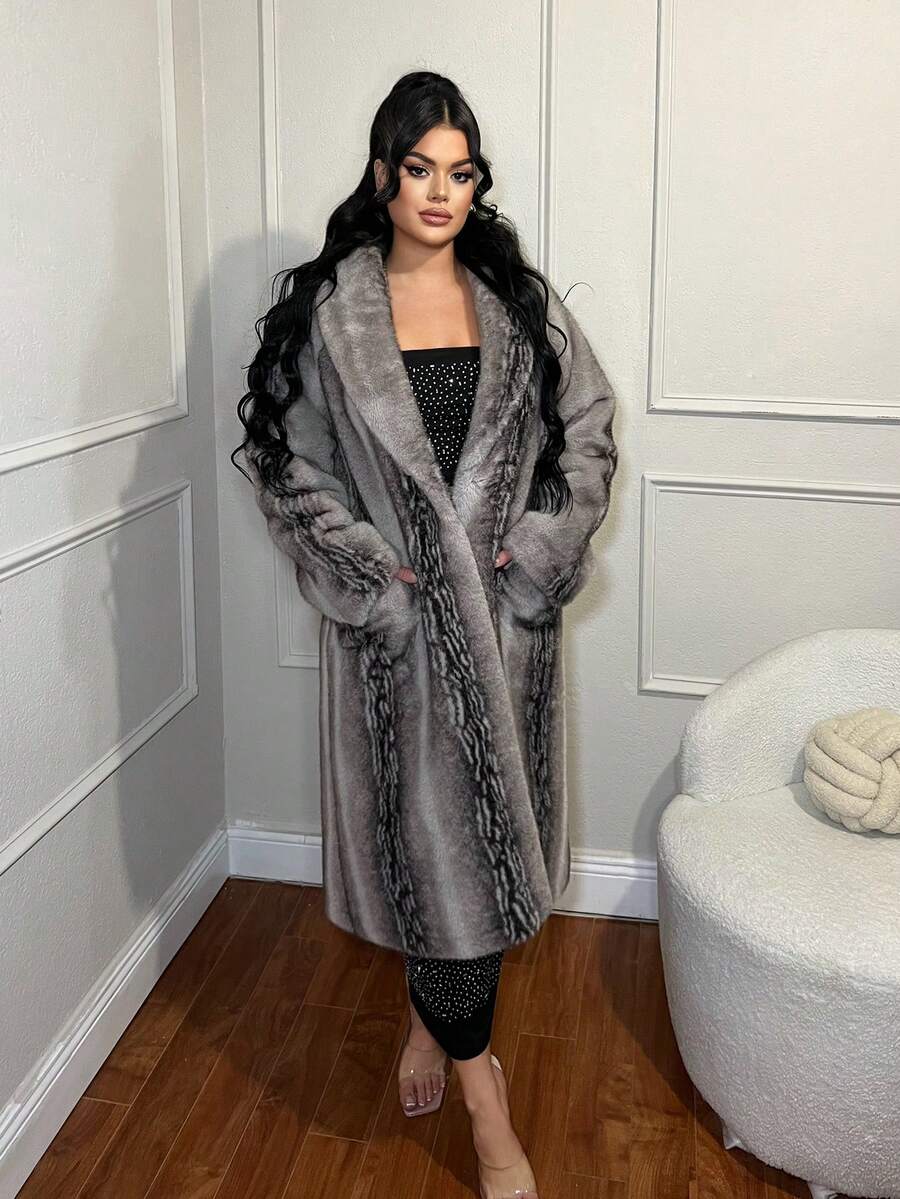 SHEIN SXY Women's Fashion Faux Fur Collar Slant Pocket Super Long Jacket, Winter - Grey - View 1