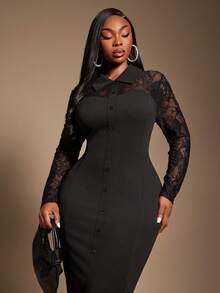 SHEIN SXY Abito midi nero da donna con colletto a camicia, decorazione con bottoni e inserti in pizzo, maniche lunghe, adatto per l'autunno/inverno, taglie comode - nero - Visualizzare 5