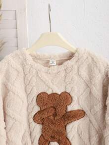 SHEIN Tween Girl Khaki Cute Cartoon Bear Embroidered Crew Neck Long Sleeve Top And Soft Comfortable Brushed Fleece Pajama Pants Set, 2pcs, Autumn/Winter