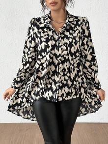 SHEIN Tall CURVE 大码优雅印花不对称下摆女式衬衫，秋冬 - 彩色 - 查看 3