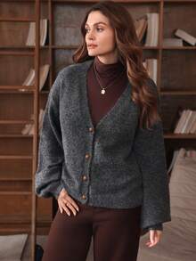 Isle Nomé Women's Casual Everyday Commute Comfortable Simple Solid Color Drop Shoulder Loose Button Front Cardigan, Autumn/Winter - Grey - View 7