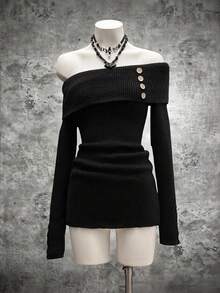 StreetHx 女式街头潮流修身翻领纽扣休闲长袖毛衣裙