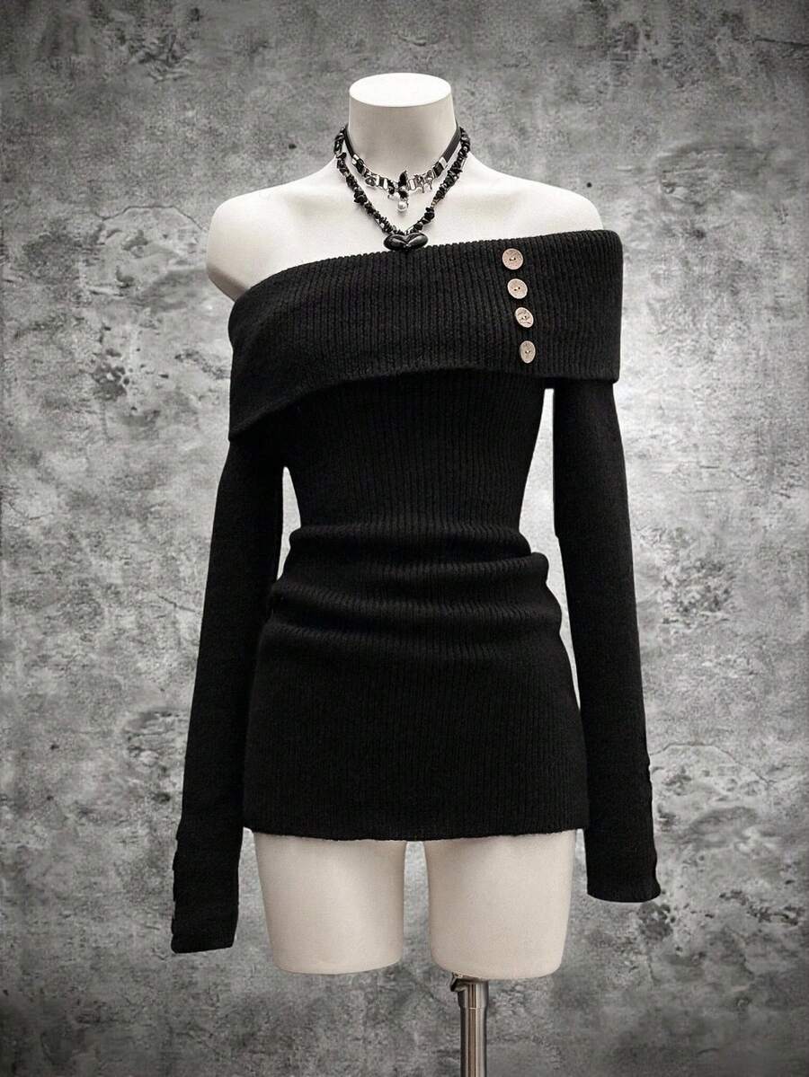 StreetHx 女式街头潮流修身翻领纽扣休闲长袖毛衣裙