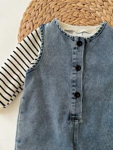 SHEIN Baby Girl Striped Crew Neck Sweatshirt And Washed Denim Jumpsuit Set