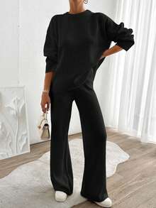 SHEIN Cottnline Women Solid Color Rib Knit Sweater & Sweater Pants Set - Black - View 8