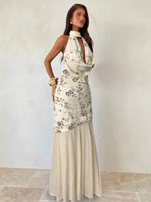 Aloruh 女士派对连衣裙、约会连衣裙、下午茶连衣裙、米色荷叶边领结连衣裙、亮片连衣裙、超长连衣裙 - 米色 - 查看 4