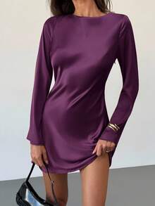 Aloruh 女式优雅纯色露背喇叭袖迷你连衣裙，秋季 - 紫色 - 查看 3