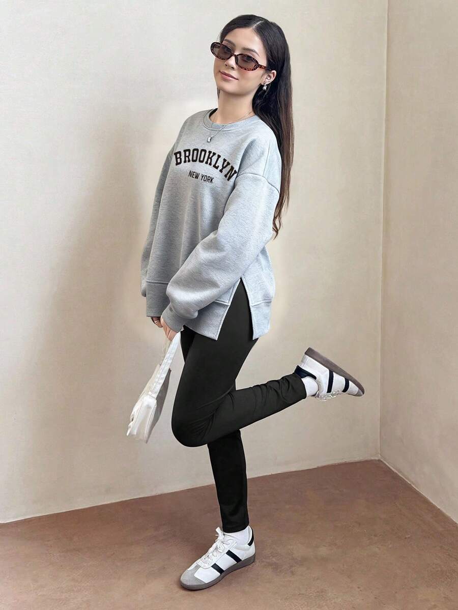 SHEIN 一套少女时尚休闲布鲁克林纽约字母印花宽松短款卫衣和紧身打底裤套装,棕色,秋冬季 - 灰色 - 查看 1