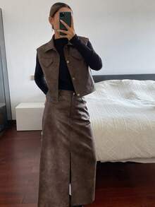 DAZY 女士休闲纯色PU领背心和半裙两件套，秋季 - 咖啡棕 - 查看 5