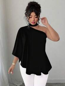 SHEIN Elenzya Plus Size Oblique Collar Halter Tie Dye Print Shirt - Black - View 3