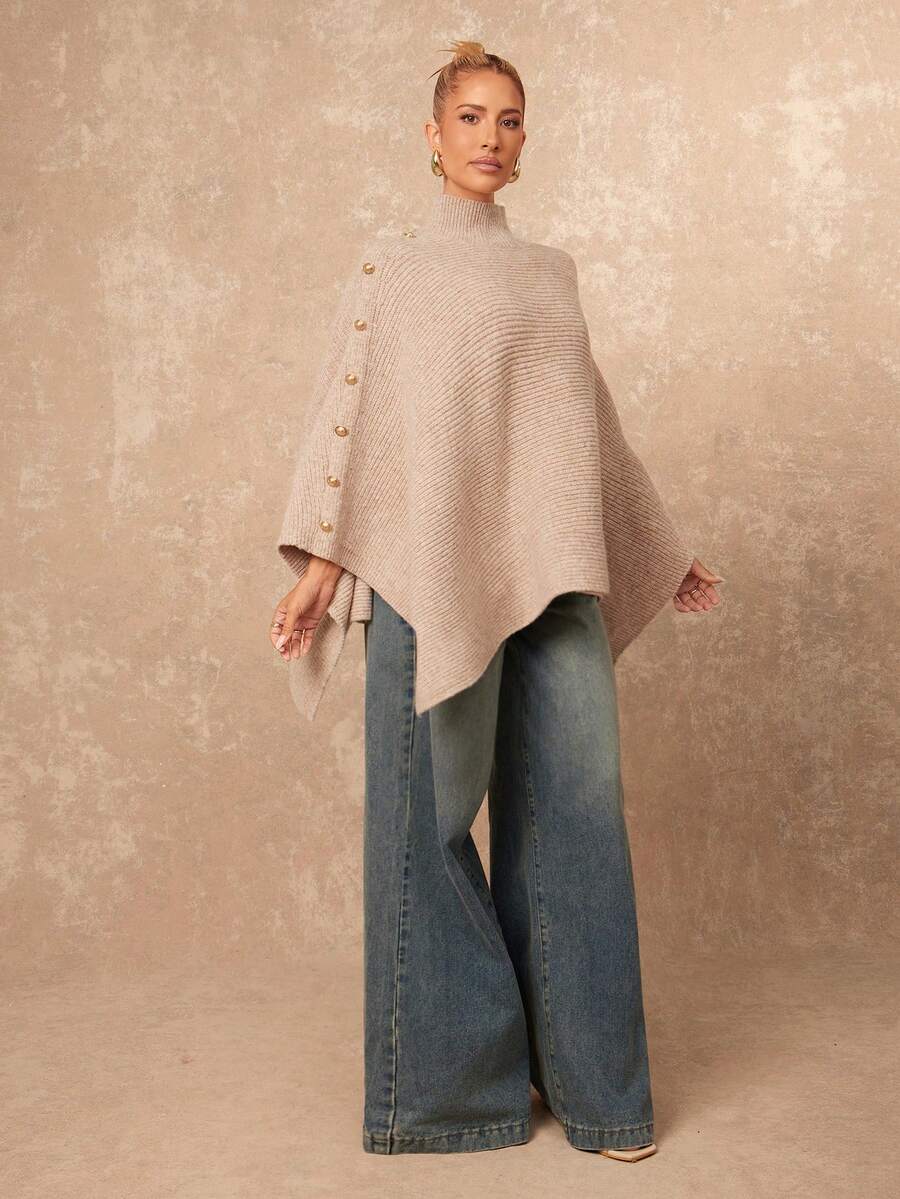 SHEIN Privé 女款優雅淺米色秋季披肩毛衣，寬鬆羅紋套頭衫，法式風格不對稱秋冬極簡衣櫥基本款