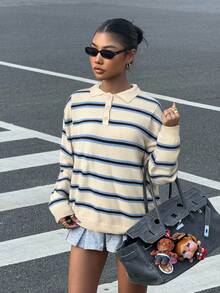 Muchica 女式条纹落肩长袖高领休闲宽松毛衣，秋冬 - 彩色 - 查看 5