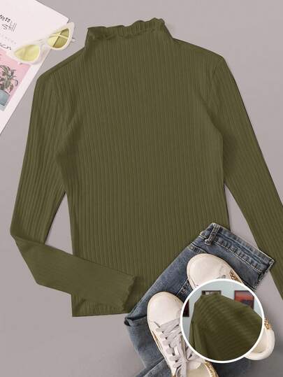 SHEIN EZwear 橄榄绿色罗纹针织立领长袖休闲 T 恤，加大码