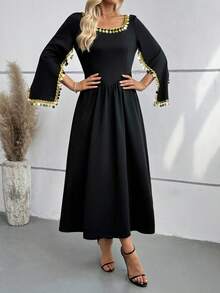 SHEIN Elegant Muslim Women's A-Line Maxi Dress With Cinched Waist And Gold Accents - Black - View 6