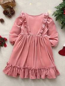 Blossori Young Girls' French Elegant Ruffle Trim Velvet Long Sleeve Dress - Pink - View 5