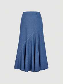 Sweetra Women's Casual Daily Denim Skirt With Circle Detail And Fishtail Hem - Blue - View 2
