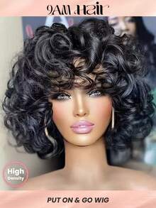 Density Pro “蓬松蓬松的卷发，100% 真人发质，带刘海，自然黑色，6 英寸长，200% 超高密度，轻松佩戴，初学者友好设计，蓬松蓬松的卷发，适合早上 9 点的发型，运动、度假、旅行、节日、舞会、户外角色扮演、校园、学校、海滩、婚礼、露营、节日装扮、夏季装扮、Vacay Vibes 魅力、优雅休闲、Y2k 时尚风格，SS25 关键词和自然发际线，可调节肩带和舒适的帽式结构” - SNatural - 查看 2