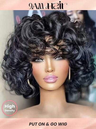 Density Pro “蓬松蓬松的卷发，100% 真人发质，带刘海，自然黑色，6 英寸长，200% 超高密度，轻松佩戴，初学者友好设计，蓬松蓬松的卷发，适合早上 9 点的发型，运动、度假、旅行、节日、舞会、户外角色扮演、校园、学校、海滩、婚礼、露营、节日装扮、夏季装扮、Vacay Vibes 魅力、优雅休闲、Y2k 时尚风格，SS25 关键词和自然发际线，可调节肩带和舒适的帽式结构”