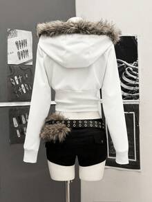 StreetHx 女式街头风连帽毛领修身长袖夹克，秋季 - 白色 - 查看 2