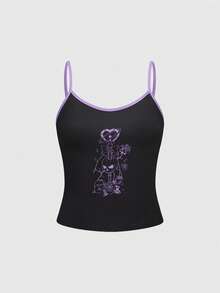 ROMWE Bộ đồ ngủ hai dây và quần short họa tiết chấm bi và đầu lâu Gothic màu tương phản - màu đen - Xem 3