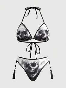 ROMWE Goth Conjunto de lencería sexy con sujetador triangular inalámbrico, cordones y flecos con diseño de esqueleto gótico - Multicolor - Ver 1