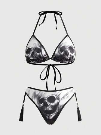 Gothic Skelett Quaste Schnürverschluss Drahtloser Dreieckiger Tasse Sexy Dessous Set