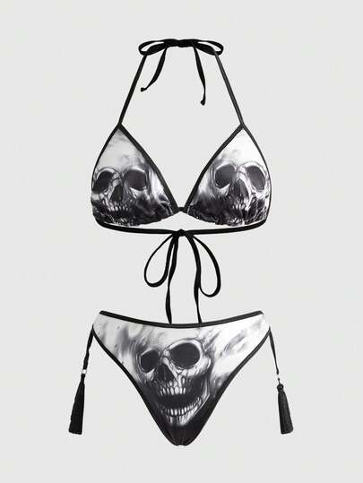 Gothic Skeleton Tassel Lace-Up Wireless Triangle Cup Sexy Lingerie Set