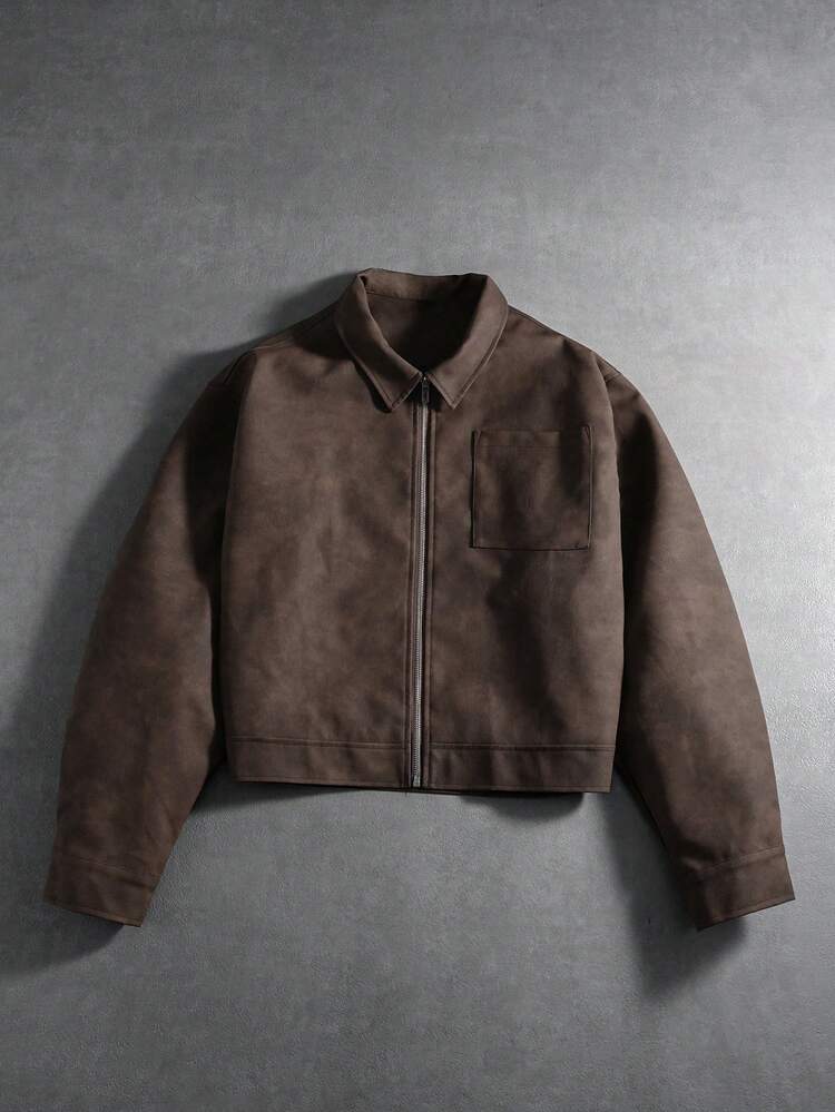PAVTROS Manfinity ストリートスタイル人気INSコーデ メンズ長袖ジャケット、メンズカジュアル ショート ブラウンジップアップジャケット、秋、レザージャケット、ストリートウェア、冬ジャケット、クリスマス、ボーイフレンドギフト モカ ボンバージャケット ビンテージジャケット メンズ ブラウンジャケット クロップド ジップアップ メンズクロップドジャケット - ブラウン - 見る 1