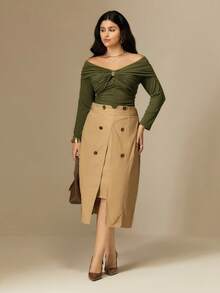 SHEIN Clasi Plus Size Women's Knit Regular Autumn/Winter Off Shoulder Simple Casual Metal Decor Button Long Sleeve Green T-Shirt - Green - View 5