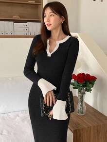 DAZY 复古法式修身拼色长袖毛衣裙 - 黑色 - 查看 4