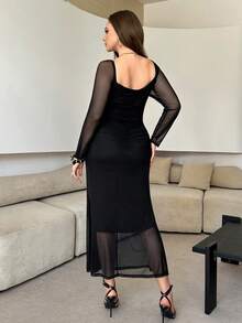 Modelyn Vestido de manga larga transparente de unicolor y minimalista para tallas grandes - Negro - Ver 2