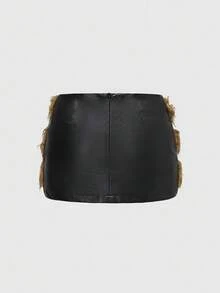 ROMWE Váy mini bó sát cạp thấp gợi cảm phối ren họa tiết lông thú chắp vá phối PU trang trí lễ hội âm nhạc Hippie cổ điển dành cho nữ - màu đen - Xem 2