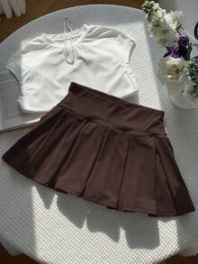 SHEIN EZwear Chocolate Brown Casual Versatile Plus Size Sports Mini Pleated Skirt,Autumn Back-To-School Graduation Chic Elegant Solid Color For Party,Wedding,Date - Chocolate Brown - View 5