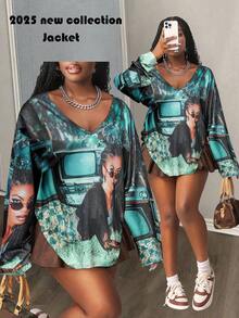 Slaydiva 2025 秋季新款 V 领长袖宽松 H 型上衣，适合生日派对、学校、日常外出、度假、巡航、海滩、日光浴、街头风格、朋克、俱乐部、肖像印花、女士运动衫的休闲装 - 彩色 - 查看 2