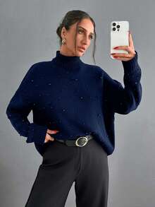 EURMUSE Sweter damski w dużym rozmiarze, luźny, na co dzień, do pracy, prosty, w jednolitym kolorze, z wysokim kołnierzem, zdobiony sztucznymi perłami, z opadającymi ramionami, jesień/zima