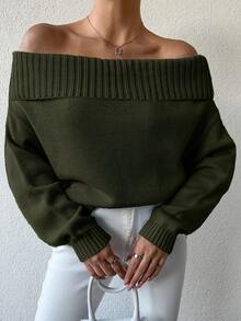 EURMUSE Women's Casual Solid Color Off-Shoulder Loose Sweater, Autumn/Winter - Army Green - View 5